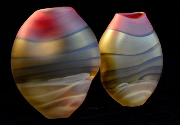 <i>Watercolor</i> vases, 2017; (left) 15 x 11 x 4 inches, (right) 14 x 11 x 4 inches; blown glass