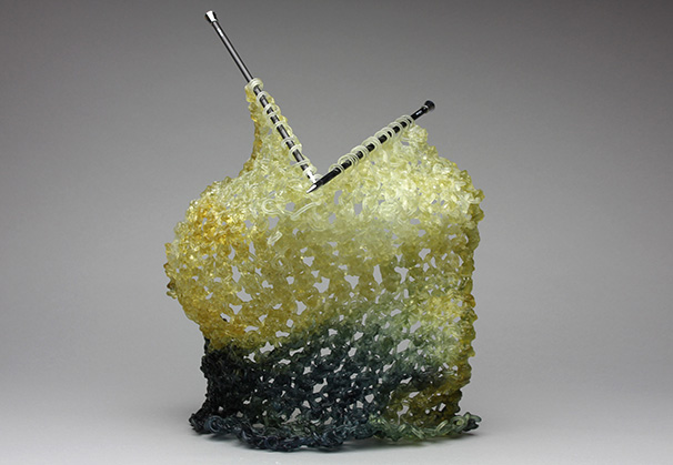 <i>Day & Night</i>, 2018; 16 x 12 x 10 inches; kiln-cast lead crystal, stainless steel
knitting needles