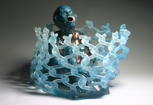 <i>The Scream</i>, 2012; 14 x 16 x 20 inches; kiln-cast lead crystal and raku fired clay