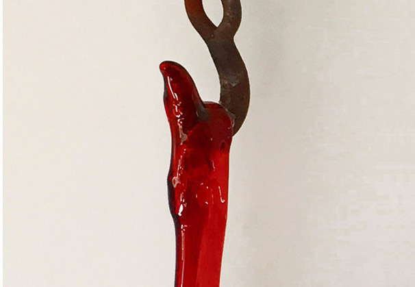 <i>Red Through</i>, 2016; 35 x 7 x 9 inches; slumped glass and found metal