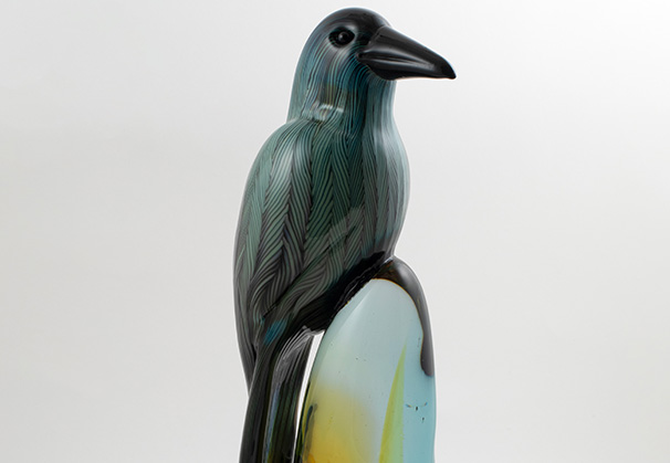 <i>Raven Totem</i>, 2024; 14 x 6 x 4 inches; furnace-sculpted glass