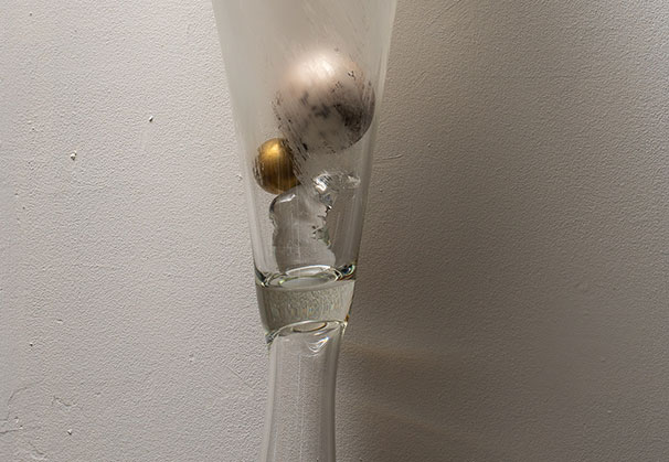 <i>Addy’s Trick</i>, 2026; 35 x 9 x 9 inches; Blown form etched and polished with additions inside. Photo by Richard Kelly
