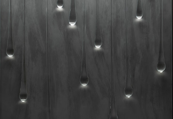 <i>Yet All That is I See</i> (from Hamlet), 2025; 48 x 30 x 3 inches; Stainless steel frame, bent and etched Starfire clear glass, suspended clear drops in composition

