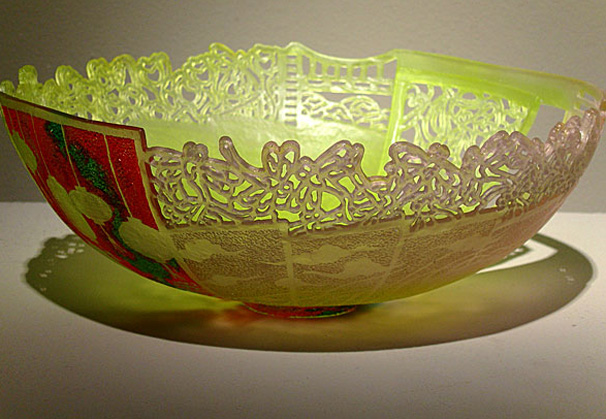 <i>Twomo</i> (multi-colored), 2010; cast glass, paint, gold; 15 x 15 x 4½ inches 