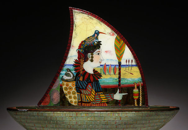 <i>Calypso</i>, side 1, 2013; 30.5 x 9.5 x 26.5 inches; reverse fired enamels on sheet glass and mosaics, hybridized concrete, wood, acrylic resin and paint, aluminum