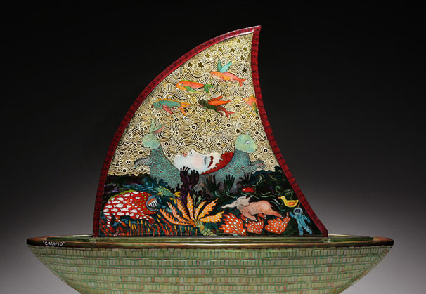 <i>Calypso</i>, side 2, 2013; 30.5 x 9.5 x 26.5 inches; reverse fired enamels on sheet glass and mosaics, hybridized concrete, wood, acrylic resin and paint, aluminum