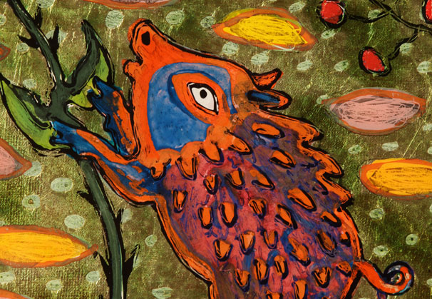 Detail, Pigglet, <i>Mojango</i>, side 1, reverse fired enamels on glass, metal leaf