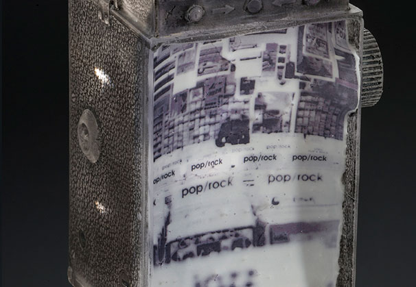 <i>Echoic Memory</i>, 2012; 5 x 4.75 x 6.5 inches; glass, ceramic decal, paint, antique Kodak tripod