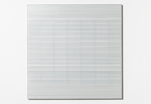 <i>In the Vicinity of White (Grid) #5</i>, 2018; 45.25 x 45.125 x 1 inches; kilnformed and coldworked glass; Photo: G. Piper