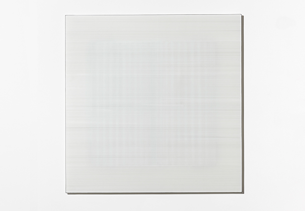 <i>In the Vicinity of White (Grid) #6</i>, 2018; 45.25 x 45.125 x 1 inches; kilnformed and coldworked glass; Photo: G. Piper