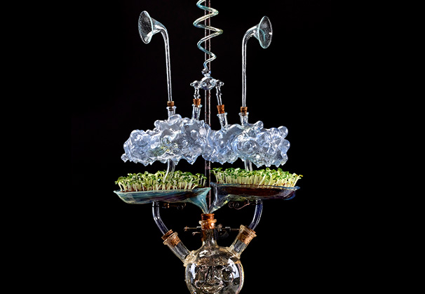 <i>Cloud Essence Condenser, circa 1880</i>, 2021; 80 x 60 x 60 centimeters; flame sculpted, blown, and sandblasted borosilicate glass and mixed media; glass sprouts by Mark Eliott, Simi Eliott, & Anna Kirk. Photo by Richard Weinstein