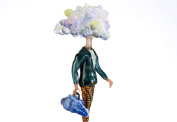 <i>Cloudy Head</i>, 2021; 25 x 60 x 30 centimeters (including stone base); flame-sculpted blown and sandblasted borosilicate glass, stone base. Photo by Richard Weinstein