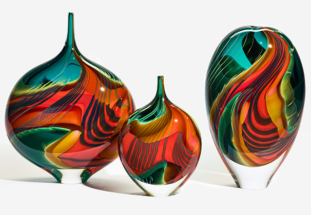 <i>Green Paradiso</i>, 2023; (l to r) 24.5 x 17 x 8 centimeters, 17 x 11 x 7 centimeters, 23 x 13 x 8 centimeters; freeblown glass; Photo by Alick Cotterill