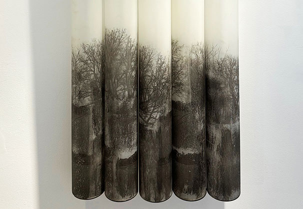 </>Horizon Study 3.1</i>, 2023; 60 x 32 x 6 inches; blown glass, steel, & photo transfers