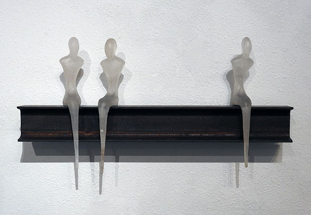 </>The Fabricators</i>, 2024; 12 x 30 x 5 inches, ; cast glass & steel