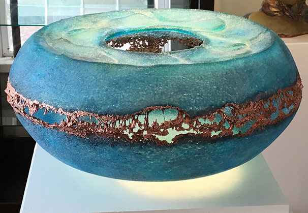 <i>Aqua Vessel</i>, 2016; 10h x 20d x 20d inches, pate de verre glass and copper