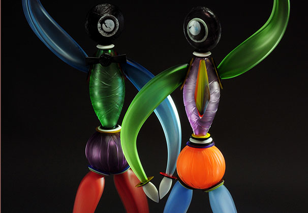 <i>Alan and Wayne</i>, 2016; 32 x 14 x 14 inches each; blown and carved glass