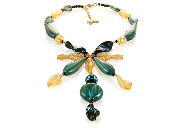 Murano Glass flower choker necklace of blown and flameworked beads using multistrato and incalmo techniques along with 24k gold leaf inclusions and wrapped with 24 k gold wire