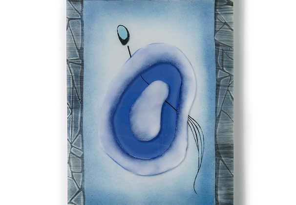 <i>Sky Seed</i>, 2024; 10 x 22 inches; kiln-formed glass, aluminum standoffs