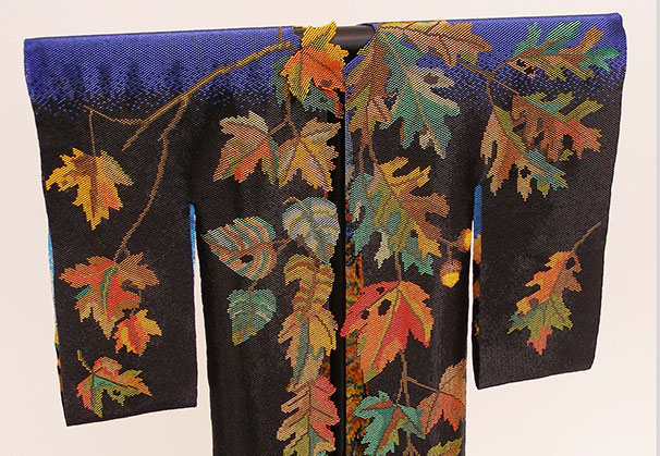 <i>Autumn Kimono</i>, 2011; 21 x 16 inches; woven glass beads, loose weave