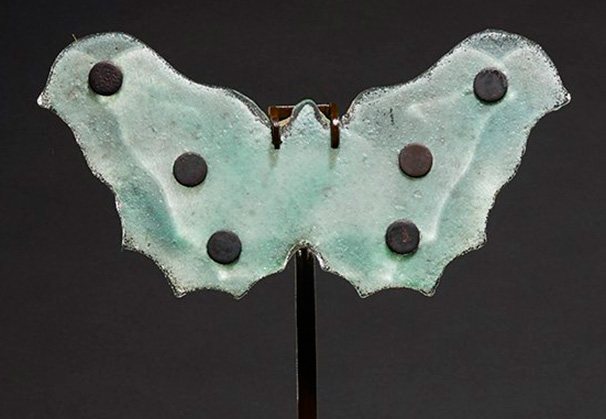 <i>Celadon Butterfly</i>; 9 x 10 x 2 inches; sand cast glass with hand forged metal stand