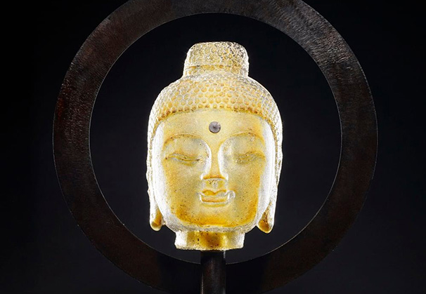 <i>Halo Buddha</i> - Gold; 25 x 18 x 12 inches; sand cast glass and metal base