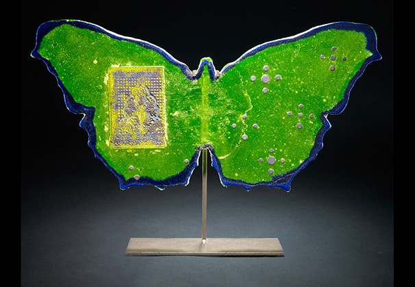 <i>Lime Green Moroccan Butterfly</i>; 21 x 33 x 8 inches; sand cast glass with steel base