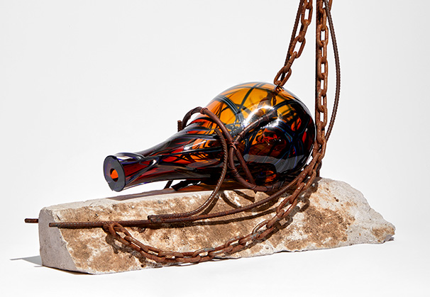 <i>Message in a Bottle</i>, 2022; ; 57 x 52 x 24 centimeters; blown & sculpted glass with mixed media