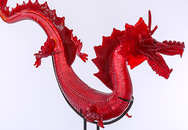 <i>Lucky Dragon</i>, 18 x 23 x 6 inches; blown glass, metal stand