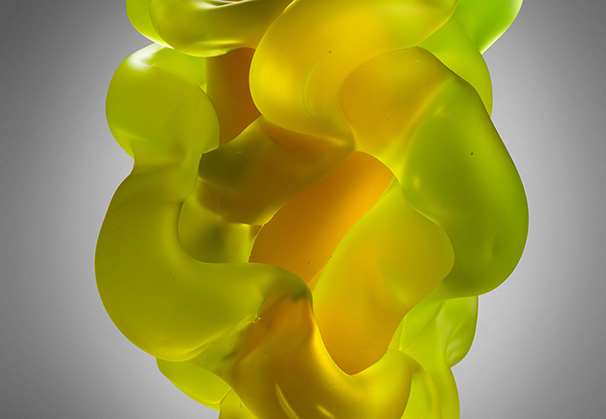 <i>RIOT: URANIUM & PINK</i>, 2026; 13 inches high; blown glass
